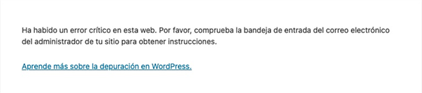 Captura del error crítico de WordPress